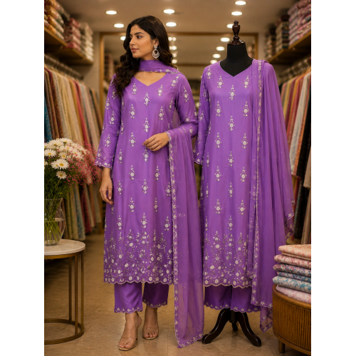 Elegant Purple Pure Fabric Stitched Kameez Pants Set with Intricate Handwork & Fancy Dupatta