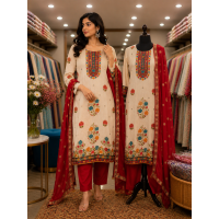 Elegant Cream Shimmer Stitched Kameez Pants Set with Kashmiri Style Floral Embroidery & Contrast Red Fancy Dupatta
