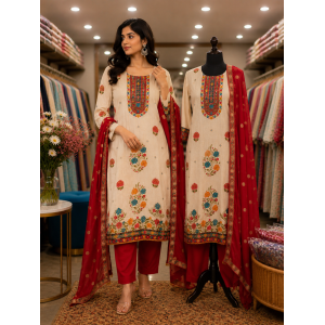 Elegant Cream Shimmer Stitched Kameez Pants Set with Kashmiri Style Floral Embroidery & Contrast Red Fancy Dupatta