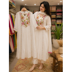Rainbow Blossom White Mal Cotton Stitched Frock Set