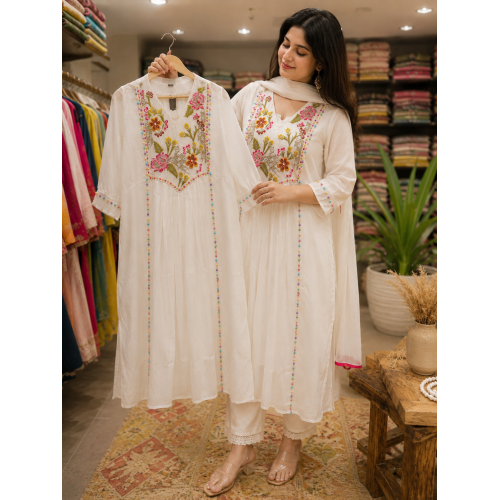 Rainbow Blossom White Mal Cotton Stitched Frock Set Rainbow Blossom White Mal Cotton Stitched Frock Set