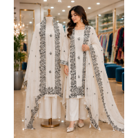Luxury Off-White Cotton Kameez with Farshi Salwar & Black Floral Outline Embroidery Stitched Suit