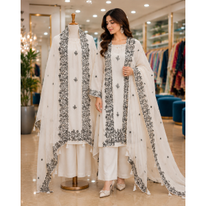 Luxury Off-White Cotton Kameez with Farshi Salwar & Black Floral Outline Embroidery Stitched Suit Luxury Off-White Cotton Kameez with Farshi Salwar & Black Floral Outline Embroidery Stitched Suit