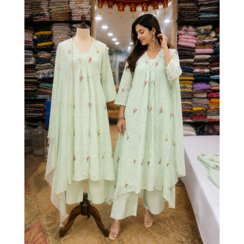 Pastal Mint Green Cotton Frock Style Stitched Suit with Delicate Floral Bootis Pastal Mint Green Cotton Frock Style Stitched Suit with Delicate Floral Bootis