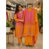Premium Dual-Tone Pink and Orange Ombre Tissue Crush Stitched Salwar Suit Set Premium Dual-Tone Pink and Orange Ombre Tissue Crush Stitched Salwar Suit Set