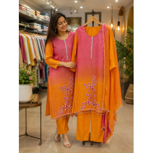 Premium Dual-Tone Pink and Orange Ombre Tissue Crush Stitched Salwar Suit Set