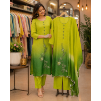 Elegant Green Ombre Tissue Crush Handcrafted Stitched Suit Set Elegant Green Ombre Tissue Crush Handcrafted Stitched Suit Set