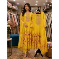 Festive Yellow Crepe Stitched Anarkali Frock Suit with Floral Print & Fancy Dupatta