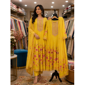 Festive Yellow Crepe Stitched Anarkali Frock Suit with Floral Print & Fancy Dupatta