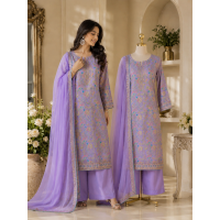Elegant Lavender Crepe Unstitched Suit with Multi-Color Floral Embroidery & Chiffon Dupatta