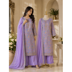 Elegant Lavender Crepe Unstitched Suit with Multi-Color Floral Embroidery & Chiffon Dupatta