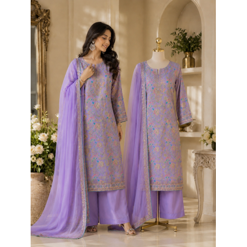 Elegant Lavender Crepe Unstitched Suit with Multi-Color Floral Embroidery & Chiffon Dupatta