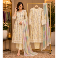 Elegant Pastel Floral Printed Cotton Stitched Suit with Lakhnavi Lace Details Elegant Pastel Floral Printed Cotton Stitched Suit with Lakhnavi Lace Details