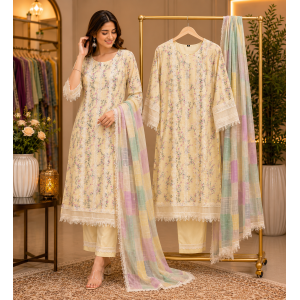 Elegant Pastel Floral Printed Cotton Stitched Suit with Lakhnavi Lace Details