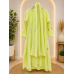 Vibrant Lime Green Cotton Frock Style Stitched Suit with Floral Hand Embroidery