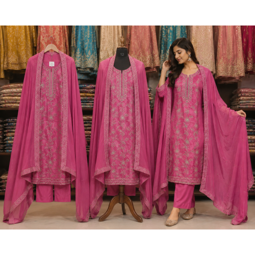 Royal Magenta Muslin Unstitched Fabric Set with Intricate Cutdana Work