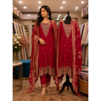 Regal Crimson Red Banarasi Stitched Kameez Pants Set with Traditional Zari Weaving & Fancy Dupatta