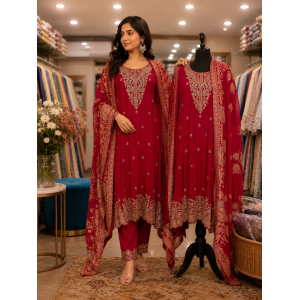 Regal Crimson Red Banarasi Stitched Kameez Pants Set with Traditional Zari Weaving & Fancy Dupatta