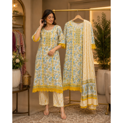 Jaipuri Floral Print Cotton Stitched Suit with Crochet Lace Work