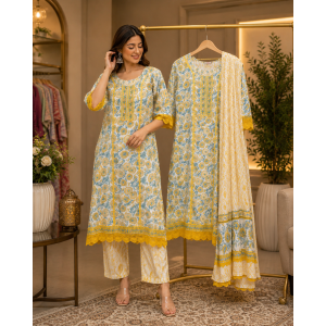 Jaipuri Floral Print Cotton Stitched Suit with Crochet Lace Work Jaipuri Floral Print Cotton Stitched Suit with Crochet Lace Work