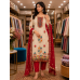 Elegant Cream Shimmer Stitched Kameez Pants Set with Kashmiri Style Floral Embroidery & Contrast Red Fancy Dupatta