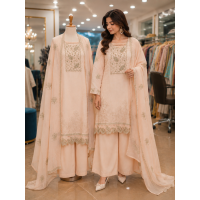 Elegant Peach Mal Cotton Kameez with Farshi Salwar & Soft Gold Zari Embroidery Stitched Suit