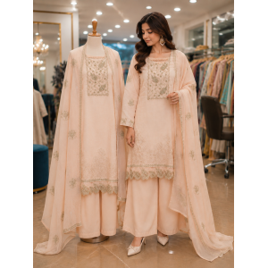 Elegant Peach Mal Cotton Kameez with Farshi Salwar & Soft Gold Zari Embroidery Stitched Suit