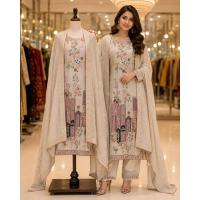 Beige Architectural Elegance Crape Unstitched Boutique Suit Set Beige Architectural Elegance Crape Unstitched Boutique Suit Set