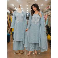 Elegant Powder Blue Mal Cotton Kameez with Farshi Salwar & White Chikankari Style Embroidery Stitched Suit