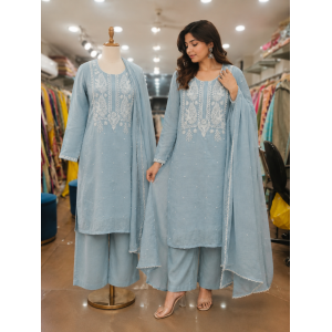 Elegant Powder Blue Mal Cotton Kameez with Farshi Salwar & White Chikankari Style Embroidery Stitched Suit