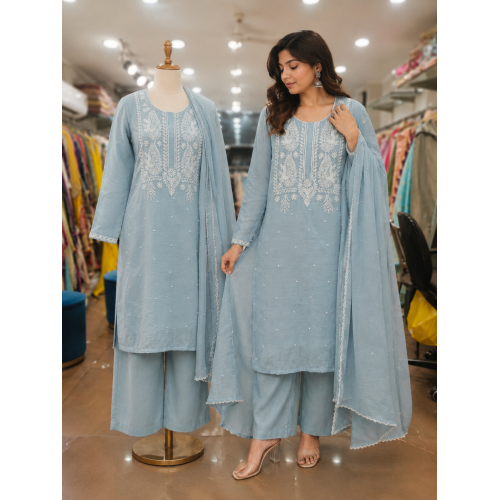 Elegant Powder Blue Mal Cotton Kameez with Farshi Salwar & White Chikankari Style Embroidery Stitched Suit