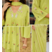 Vibrant Lime Green Cotton Frock Style Stitched Suit with Floral Hand Embroidery