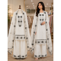 Elegant Ivory White Cotton Kameez with Farshi Salwar & Contrast Charcoal Embroidery Stitched Suit Set