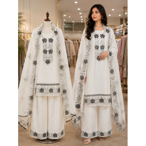 Elegant Ivory White Cotton Kameez with Farshi Salwar & Contrast Charcoal Embroidery Stitched Suit Set