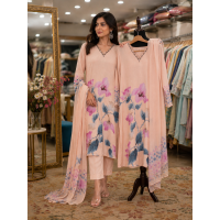 Elegant Peach Crepe Stitched Suit with Hand-Painted Floral Motifs & Fancy Dupatta