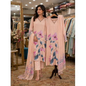 Elegant Peach Crepe Stitched Suit with Hand-Painted Floral Motifs & Fancy Dupatta