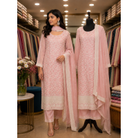 Elegant Pastel Pink Shimmer Stitched Kameez Sharara Set with All-Over White Threadwork & Fancy Dupatta