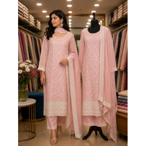 Elegant Pastel Pink Shimmer Stitched Kameez Sharara Set with All-Over White Threadwork & Fancy Dupatta Elegant Pastel Pink Shimmer Stitched Kameez Sharara Set with All-Over White Threadwork & Fancy Dupatta
