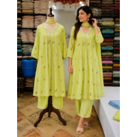 Vibrant Lime Green Cotton Frock Style Stitched Suit with Floral Hand Embroidery