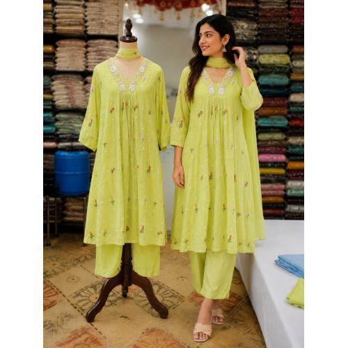 Vibrant Lime Green Cotton Frock Style Stitched Suit with Floral Hand Embroidery