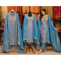 Royal Sky Blue Self-Jacquard Unstitched Fabric Set with Shimmer and Heavy Mirror Work