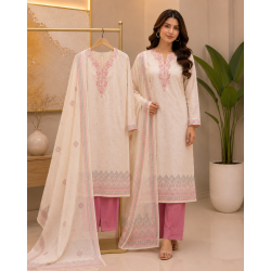 Elegant Ivory & Rose Pink Linen Unstitched Boutique Suit Set with Teal Accents