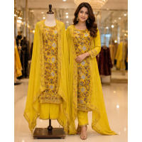 Vibrant Yellow Chinon Unstitched Luxury Boutique Suit Set with Pure Chiffon Dupatta Vibrant Yellow Chinon Unstitched Luxury Boutique Suit Set with Pure Chiffon Dupatta