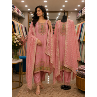 Royal Onion Pink Banarasi Stitched Kameez Pants Set with Elegant Zari Weaving & Fancy Dupatta