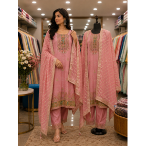 Royal Onion Pink Banarasi Stitched Kameez Pants Set with Elegant Zari Weaving & Fancy Dupatta