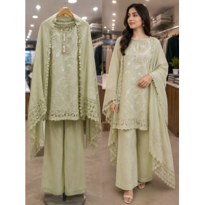 Luxury Cotton Kameez with Farshi Salwar & Intricate Lace Border Stitched Suit Luxury Cotton Kameez with Farshi Salwar & Intricate Lace Border Stitched Suit