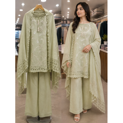 Luxury Cotton Kameez with Farshi Salwar & Intricate Lace Border Stitched Suit