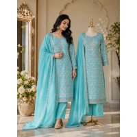 Premium Turquoise Blue Crepe Unstitched Suit with Intricate Jaal Embroidery & Chiffon Dupatta