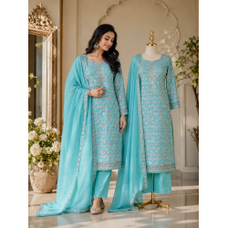 Premium Turquoise Blue Crepe Unstitched Suit with Intricate Jaal Embroidery & Chiffon Dupatta