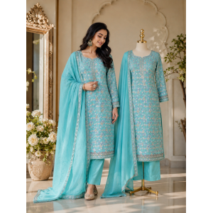 Premium Turquoise Blue Crepe Unstitched Suit with Intricate Jaal Embroidery & Chiffon Dupatta